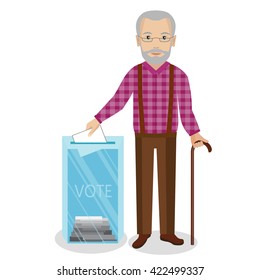 Old man vote at transparent ballot box. Vector Illustration