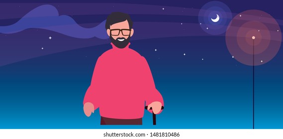 old man with walk stick at night