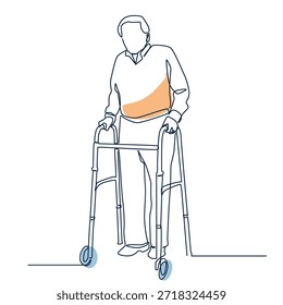 Homem velho com andador um desenho de linha. Homem velho com ilustração de linha única de andador. Homem velho com arte de linha minimalista de andador. Homem velho com arte vetorial de andador