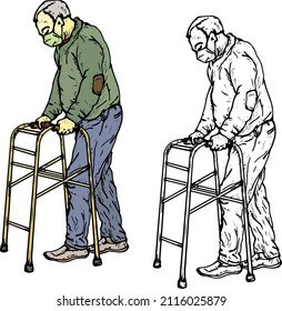 Old man walking with the assistance of a walker frame. 