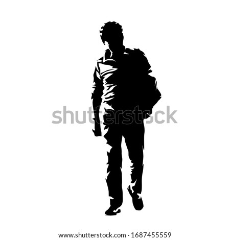 Old man walking with bag, front view. Isolated vector silhouette. Senior, ink drawing