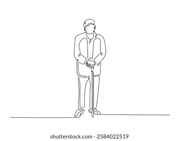 Old man walking with walking cane in continuous one line drawing. Elderly with walking cane line draw. Editable vector.