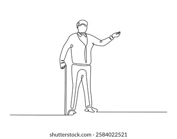 Old man walking with walking cane in continuous one line drawing. Elderly with walking cane line draw. Editable vector.