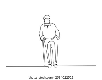 Old man walking with walking cane in continuous one line drawing. Elderly with walking cane line draw. Editable vector.