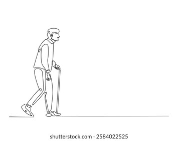 Old man walking with walking cane in continuous one line drawing. Elderly with walking cane line draw. Editable vector.