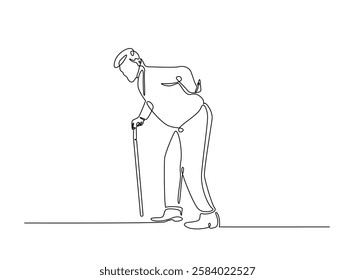 Old man walking with walking cane in continuous one line drawing. Elderly with walking cane line draw. Editable vector.