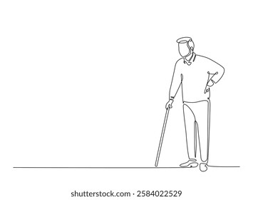 Old man walking with walking cane in continuous one line drawing. Elderly with walking cane line draw. Editable vector.