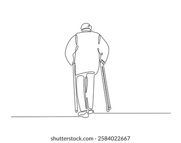 Old man walking with walking cane in continuous one line drawing. Elderly with walking cane line draw. Editable vector.