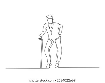 Old man walking with walking cane in continuous one line drawing. Elderly with walking cane line draw. Editable vector.