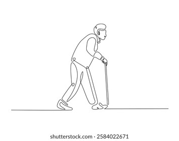 Old man walking with walking cane in continuous one line drawing. Elderly with walking cane line draw. Editable vector.