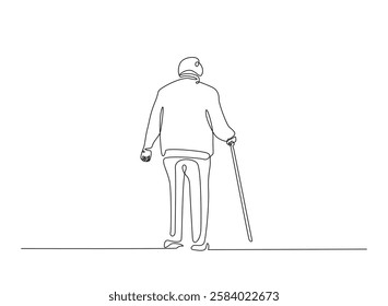 Old man walking with walking cane in continuous one line drawing. Elderly with walking cane line draw. Editable vector.