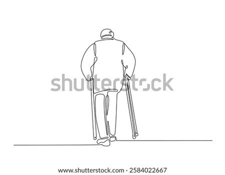 Old man walking with walking cane in continuous one line drawing. Elderly with walking cane line draw. Editable vector.