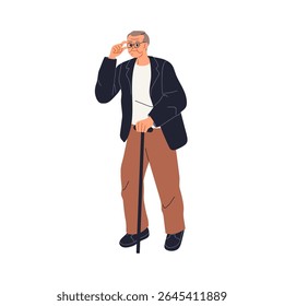 Old man walking with cane. Elderly male in glasses, going, leaning on support stick. Senior older aged retired person strolling outdoors. Flat vector illustration isolated on white background