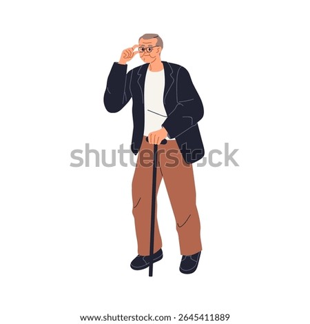 Old man walking with cane. Elderly male in glasses, going, leaning on support stick. Senior older aged retired person strolling outdoors. Flat vector illustration isolated on white background