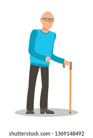 Old Man with Walking Cane Flat Vector Illustration. Cartoon Pensioner, Retired Person Isolated Character. Smiling Grandfather Wearing Glasses with Stick. Bad Eyesight Problems for Disabled Individuals