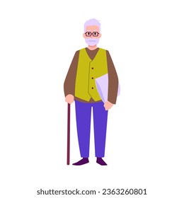 Old man with walking cane, flat vector illustration isolated on white background. Grandfather with gray hear and beard. Elderly senior character.