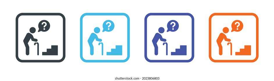 Old man with walking cane icon with issue accessibility to the stair vector illustration