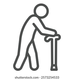 Old man with walking cane line icon, human rescue concept. Vector graphics. Human and hand crutch sign on white background, outline style icon for mobile or web design.