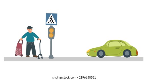 Old man with walking cane moving over crosswalk alone, aged character. Senior pedestrian cross road on zebra with car waiting on traffic lights signal. 
Vector illustration