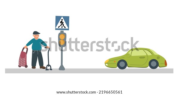 Old man with walking\
cane moving over crosswalk alone, aged character. Senior pedestrian\
cross road on zebra with car waiting on traffic lights signal.\
\
Vector illustration