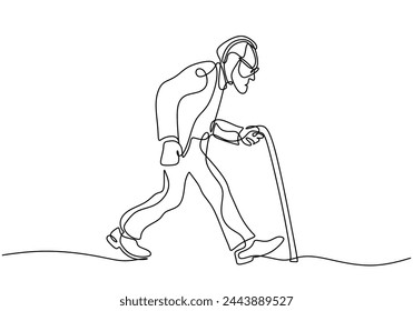 Old man walking with a cane in one continuous single line drawing.