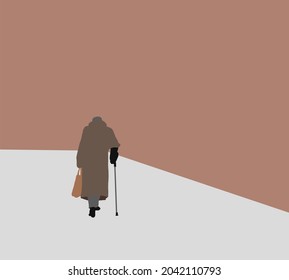 Old man walking with cane and shopping bag on urban street city. Flat isolated vector illustration.