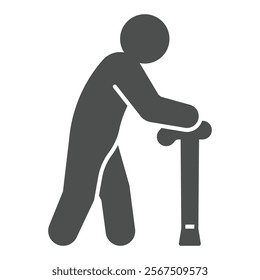 Old man with walking cane solid icon, human rescue concept. Vector graphics. Human and hand crutch sign on white background, glyph style icon for mobile or web design.