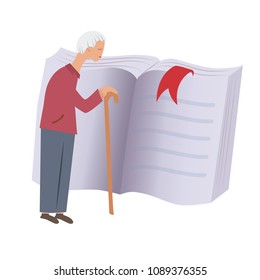 Old man with walking cane standing in front of a big book. Concept flat vector illustration. Isolated on white background.