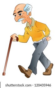 Old Man Walking with a Cane, vector illustration