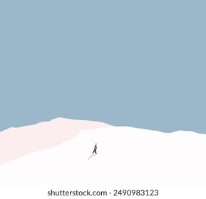 Old man with walking cane walk on snow mountain under blue sky. Active retirement. Healthy winter sport. Enjoying vacation. 