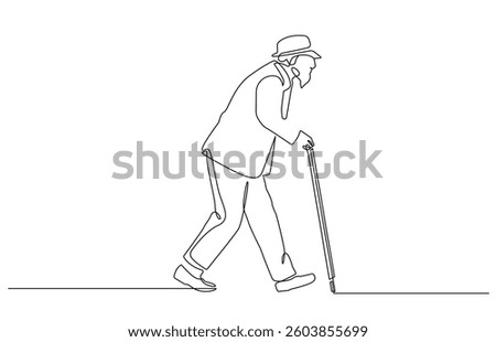 Old Man Walking Continuous One Line Art Drawing. Old Senior Activity Lifestyle One Line Art Vector Illustration. Man Walking Black Linear Sketch Isolated on White Background. Not AI