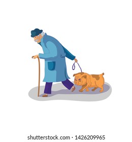 Old man  walking with a dog 