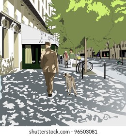 The old man walking a dog