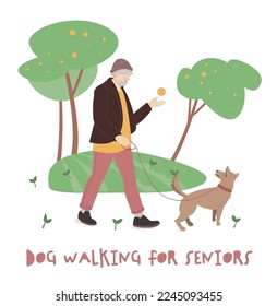 Old man walking a dog. Activity for seniors. Active pensioner. Editable vector illustration in a flat cartoon style on a white background