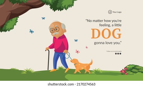 Viejo caminando por el diseño de banner del paisaje de los perros.