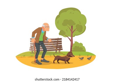 old man walking with dog mascot on a park background