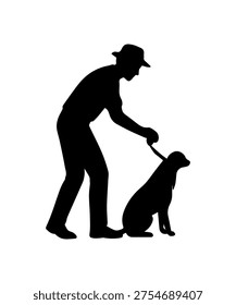 Old man walking dog on leash silhouette
