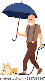 Old man walking with dog under rain. Cartoon happy senior