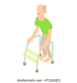 Old man with walking frame icon in cartoon style on a white background