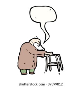 old man with walking frame and speech bubble