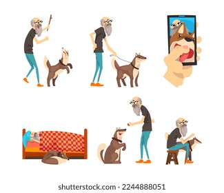 Old Man Walking with His Dog, Sleeping, Taking Selfie and Feeding Vector Set