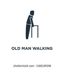 Old Man Walking icon. Black filled vector illustration. Old Man Walking symbol on white background. Can be used in web and mobile.