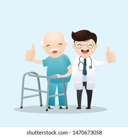 Old man walking . Medical care doctor medicine hospital staff healthcare insurance.Vector illustration