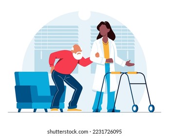 Old man walking with nurse in hospice vector illustration