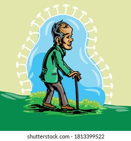 Old man walking on meadow with virus symbol wrap around