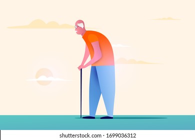 old man walking on the street, modern cartoon illustration. hunched over grandfather with cane walking on lawn.