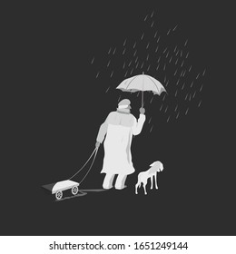 An old man is walking in the rain with a dog. Vector illustration.