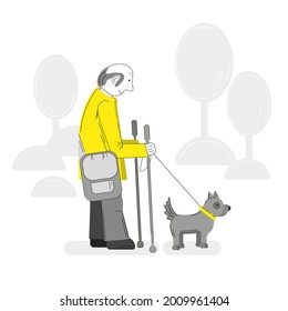 Old man walking with a small dog vector illustration. Active walk of elderly person with a pet in the park.