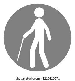 Old man with walking stick. Blind pedestrian symbol. Vector icon.