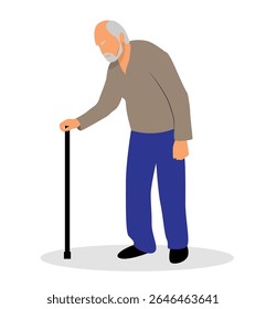 Homem velho com um estilo plano de bastão de passeio isolado no branco. Pessoas e estilo de vida conceito arte vetorial